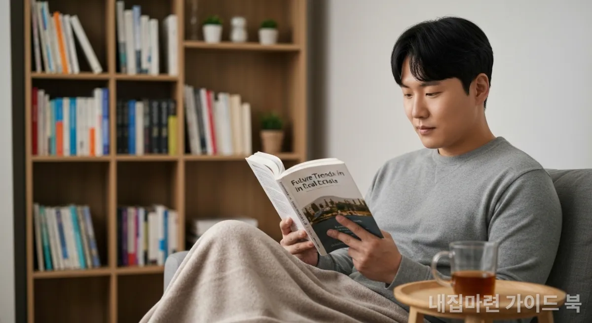거실에서 부동산 관련 서적을 읽으며 자기계발하는 한국인 남성