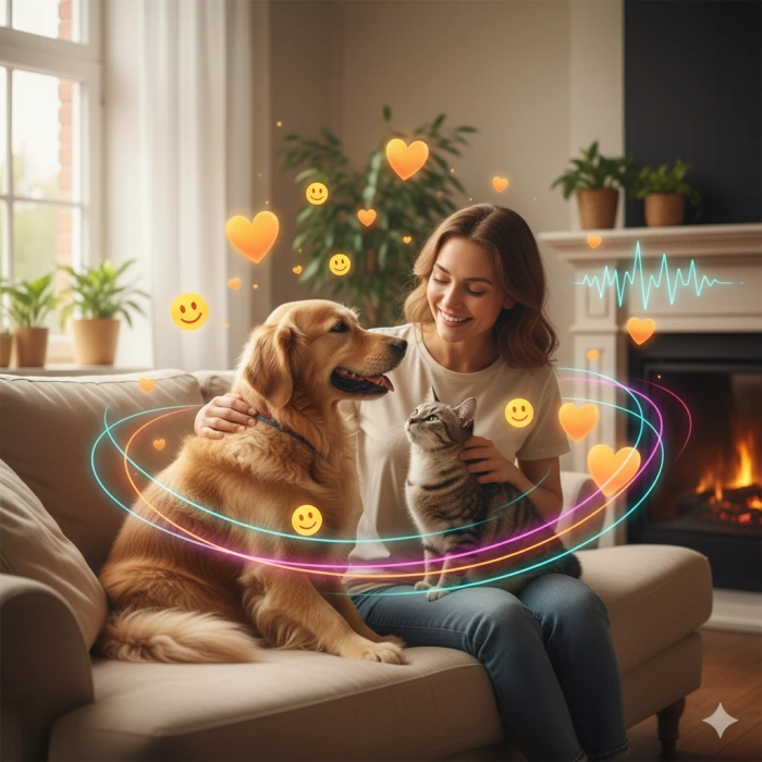 사람이 반려동물(개 또는 고양이)을 쓰다듬거나 껴안고 교감하는 모습. 주변에 행복, 사랑, 안정감을 상징하는 하트와 스마일 아이콘이 떠다니는 따뜻한 이미지.