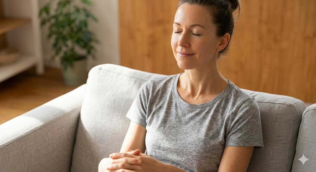 "스트레칭을 마친 후 편안한 표정으로 가슴을 활짝 펴고 깊은 호흡을 하는 인물의 상반신 사진. 어깨가 편안하게 내려가 있고 자신감 있는 자세를 보여주는 고화질 실사 이미지."