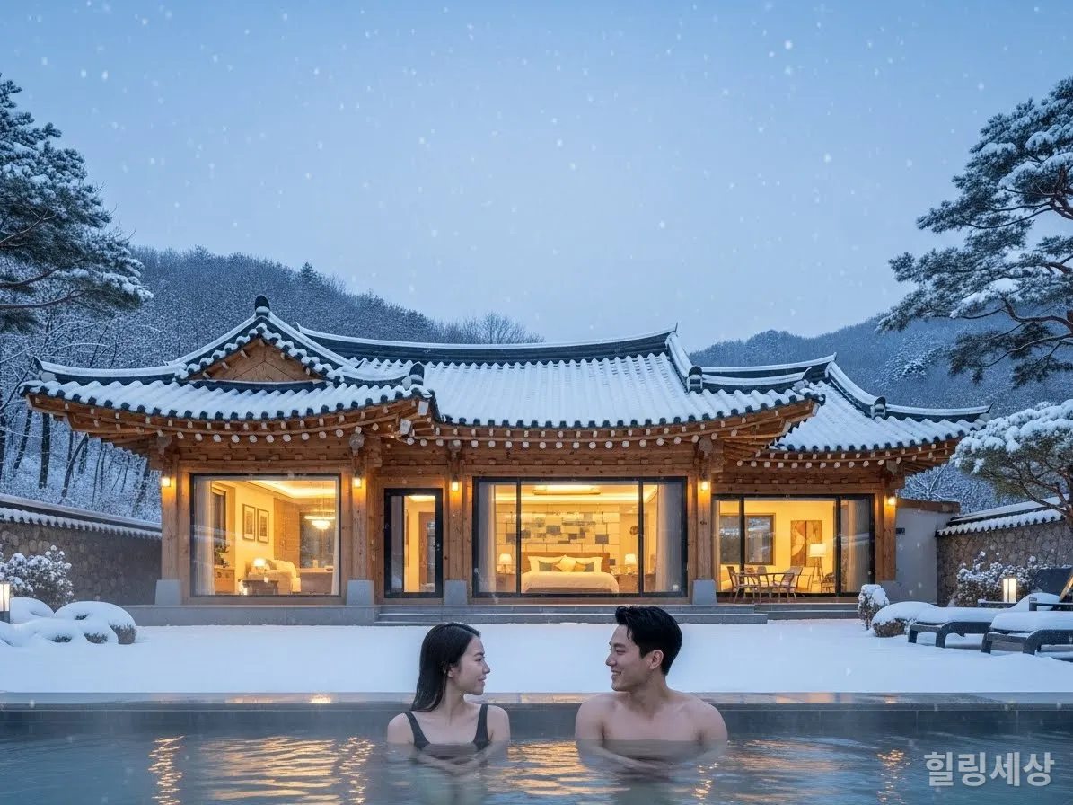 눈 덮인 풍경 속 프라이빗 온수 풀이 있는 한국 독채 펜션
