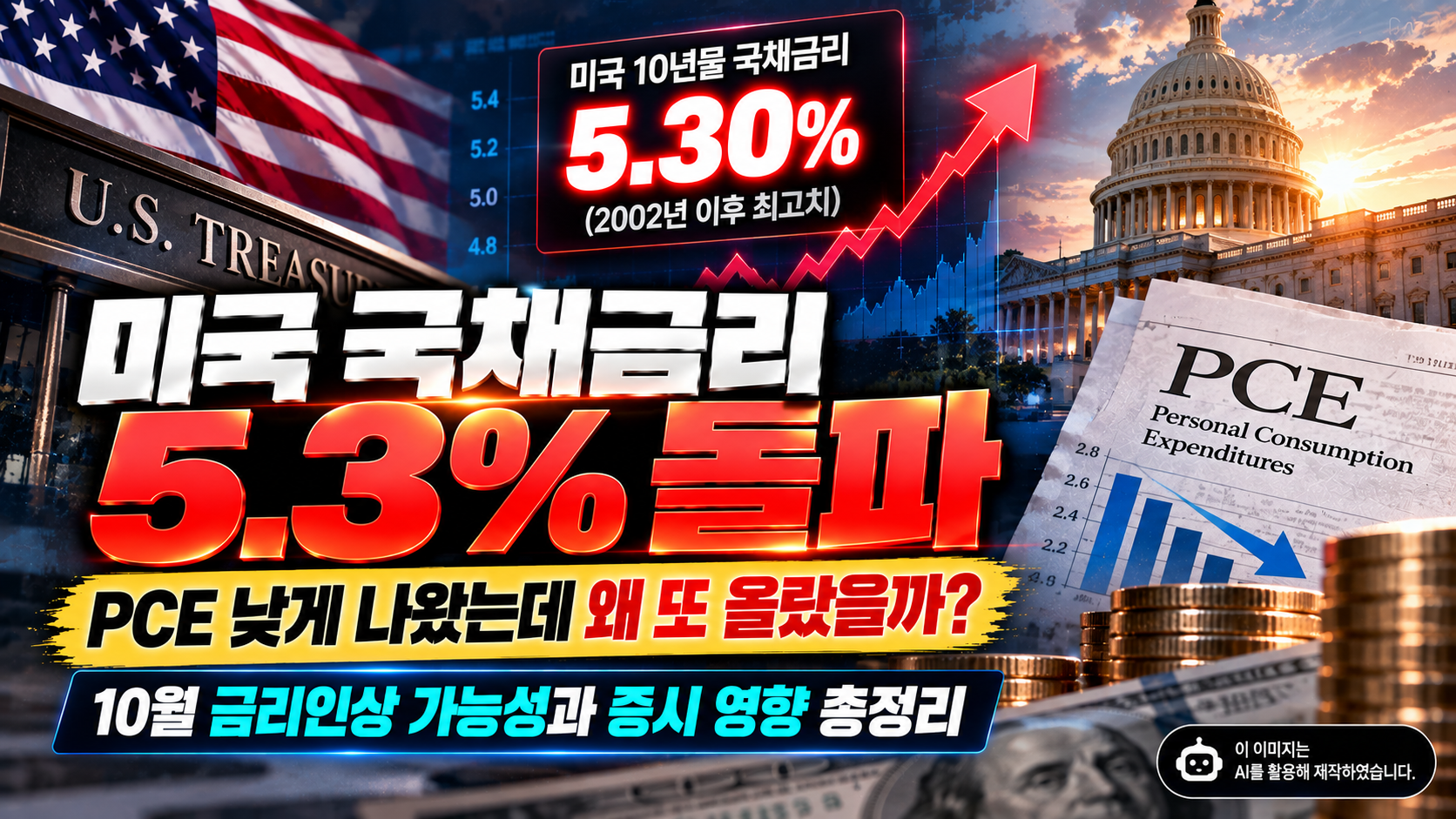 미국 10년물 국채금리 5.3% 돌파와 PCE 발표 이후 금리 상승 원인 및 증시 영향을 표현한 이미지