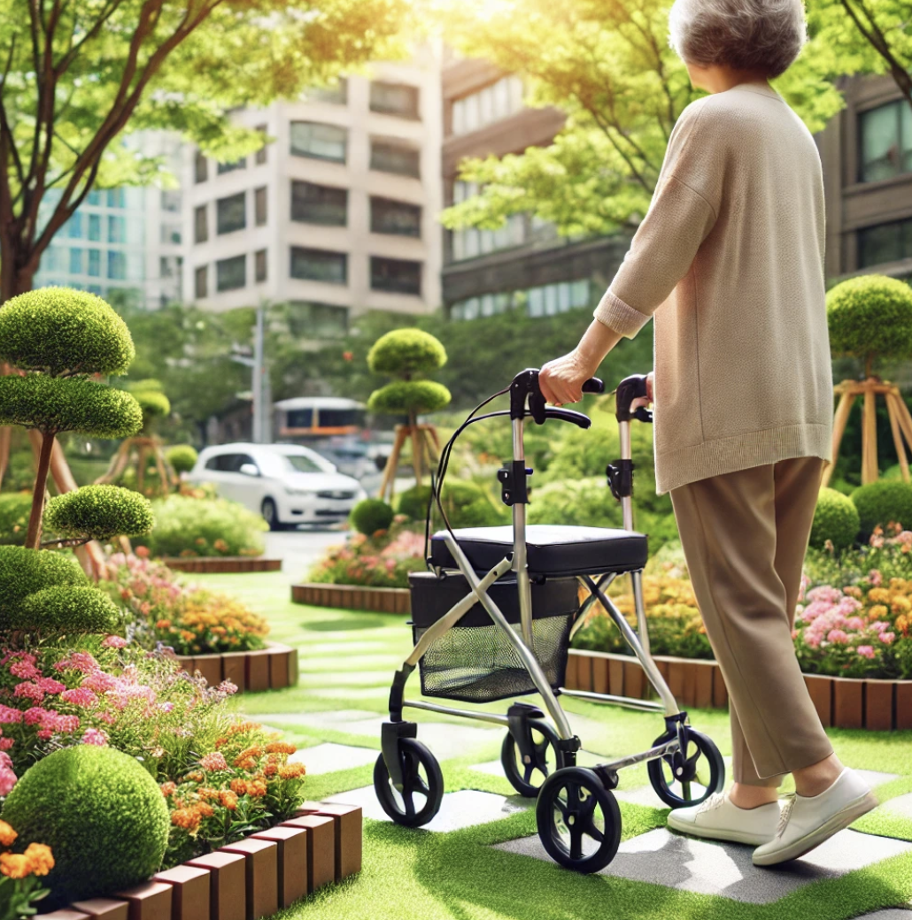 정원에서 보행보조차를 사용하는 여성