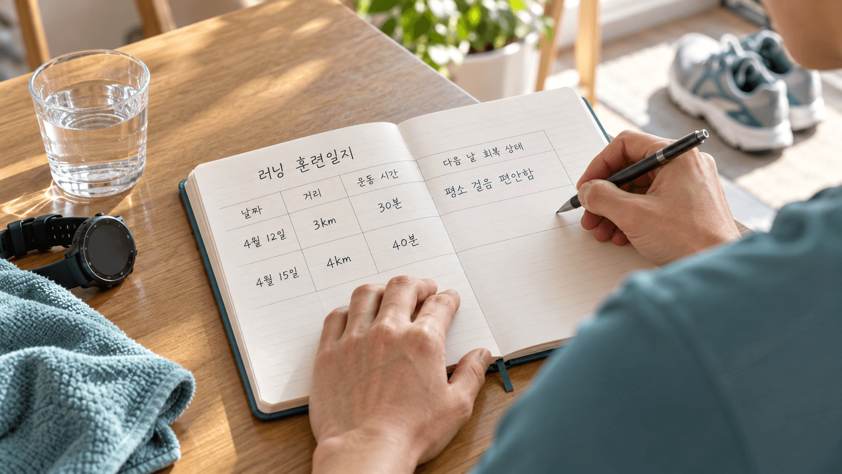 러닝 후 훈련일지에 거리와 운동 시간을 적고, 이전 운동의 다음 날 회복 상태를 확인하는 모습.