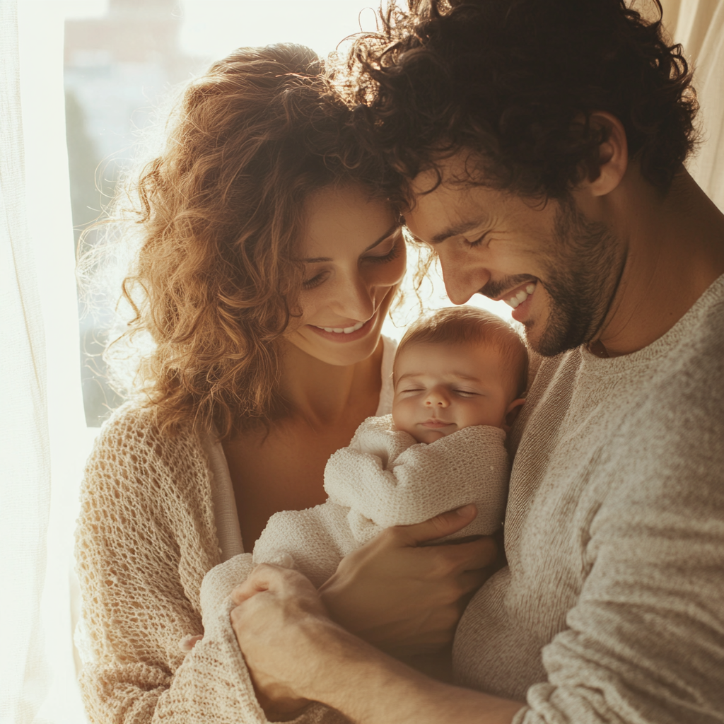 엄마와 아빠가 아기를 안고 기뻐한다