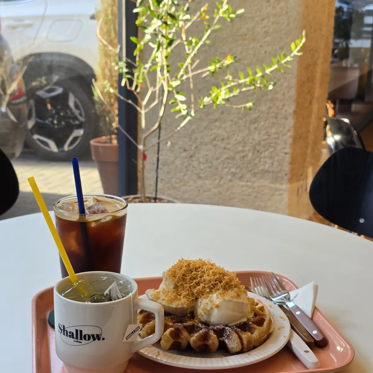 썸네일용 대표이미지(Featured Thumbnail Image): 커피와 티, 그리고 크로플이 놓인 쟁반 뒤에 식물 화분이 놓여져 있는 사진