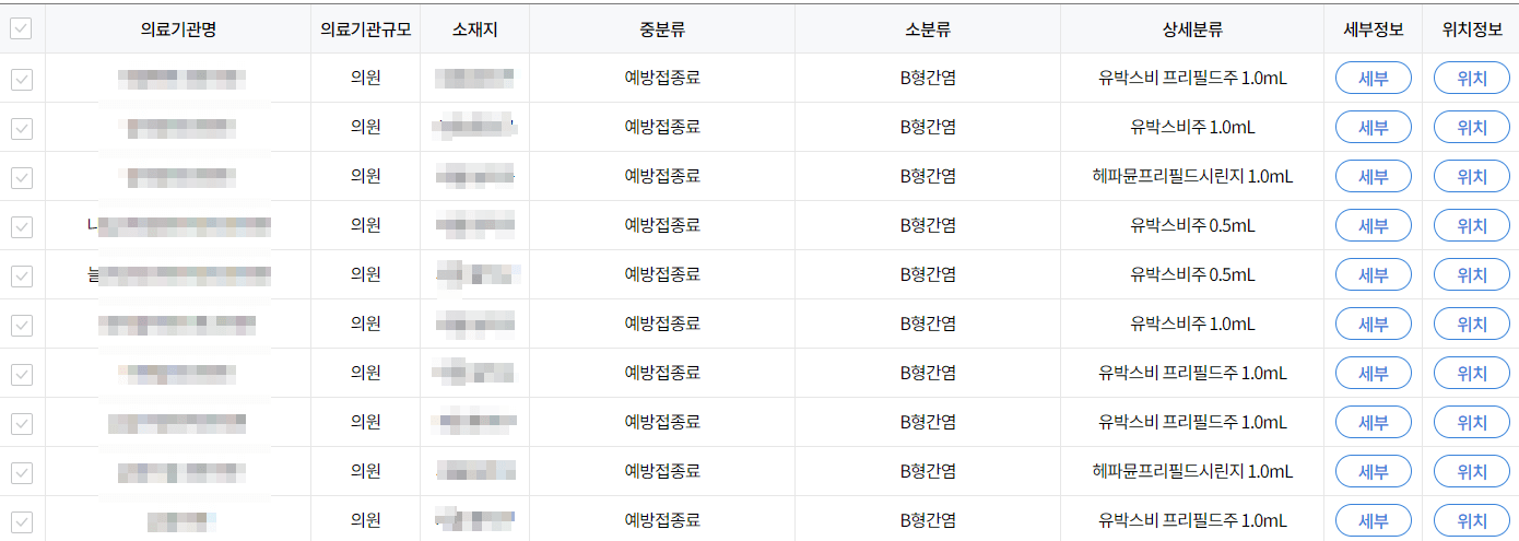 B형간염 예방접종 가격