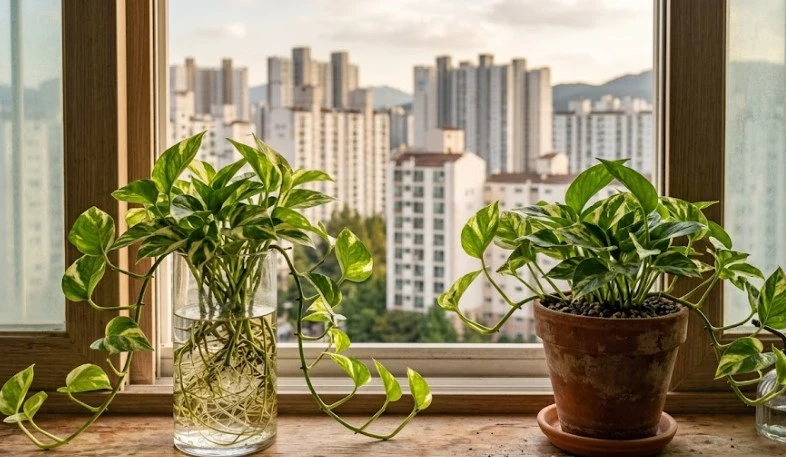 햇살이 비치는 창가에 나란히 놓인 수경재배 스킨답서스와 흙재배 스킨답서스