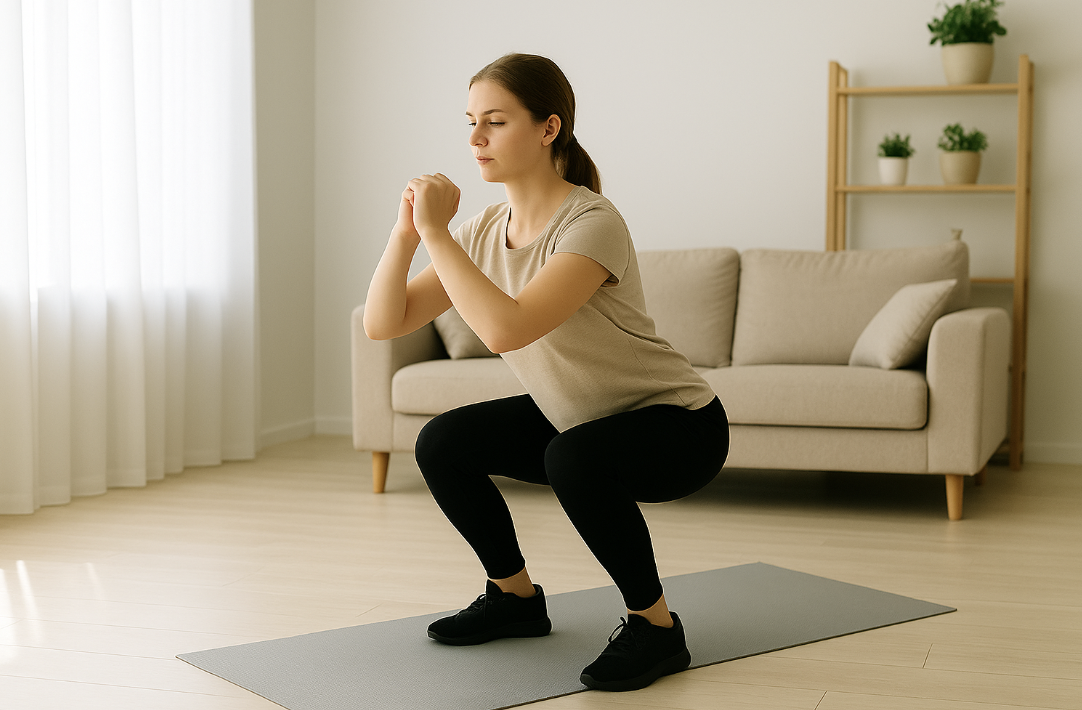 요가 매트 위에 서서 스쿼트 동작을 하고 있는 여성 사진