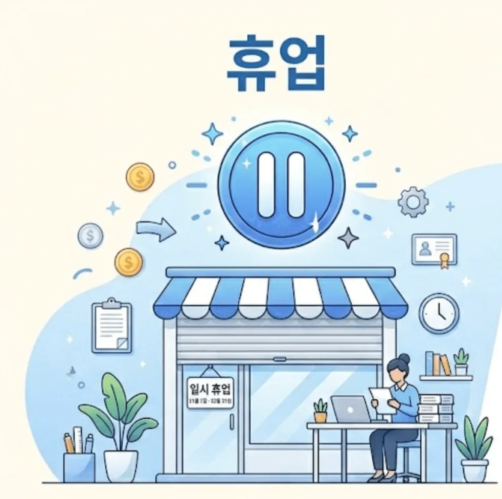 사업자 휴업-폐업 후 꼭 해야 할 일: '휴업 (Pause)'은 파란색 '일시 정지' 아이콘과 함께 계약 중지, 세금 유지, 임대차 협의 등을 설명하고, 텍스트를 최소화하고 아이콘과 배경 그래픽을 활용하여 직관적으로 이해할 수 있도록 구성되었습니다
