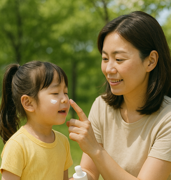 여름철 아이의 피부를 위해 자외선 차단제를 바르는 부모의 모습