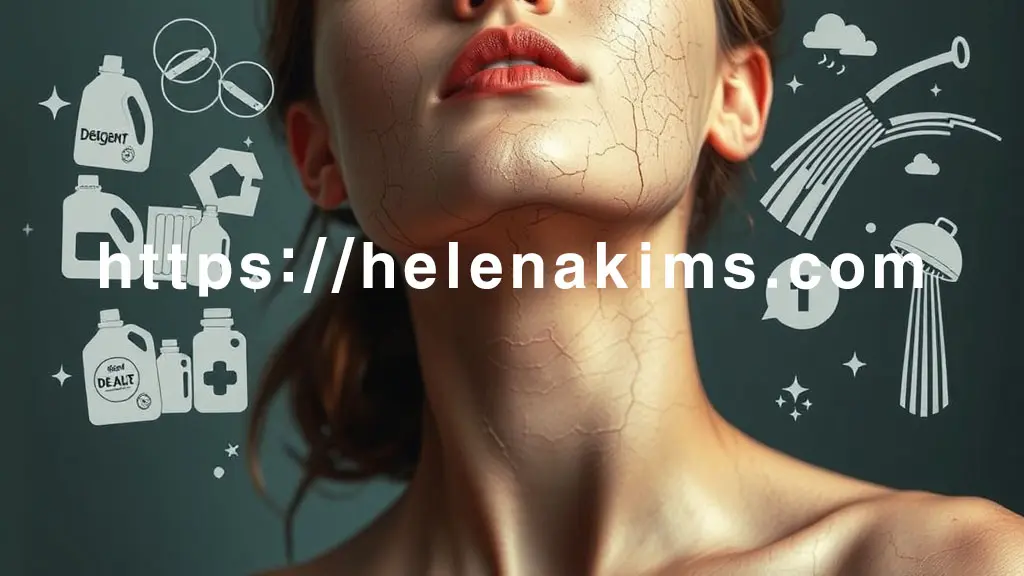 메마르고 갈라진 여성의 피부 주변으로 히터/에어컨에서 나오는 건조한 바람을 상징하는 공기 표현, 세제 용기 실루엣, 화학 기호, 그리고 김이 모락모락 나는 뜨거운 샤워기 헤드 아이콘들이 있는 이미지.