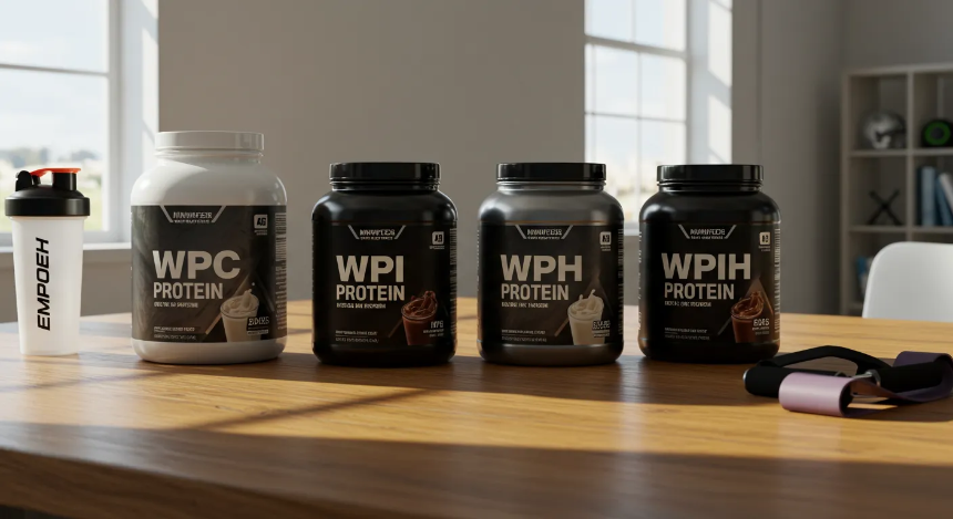 책상에 WPC, WPI, WPH, WPIH 웨이 프로틴이 놓여있는 모습