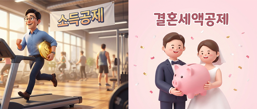헬스장 소득공제 혜택을 받고 기뻐하는 직장인 3D 이미지(좌) 결혼 세액공제 100만 원 혜택을 받는 신혼부부와 저금통(우)