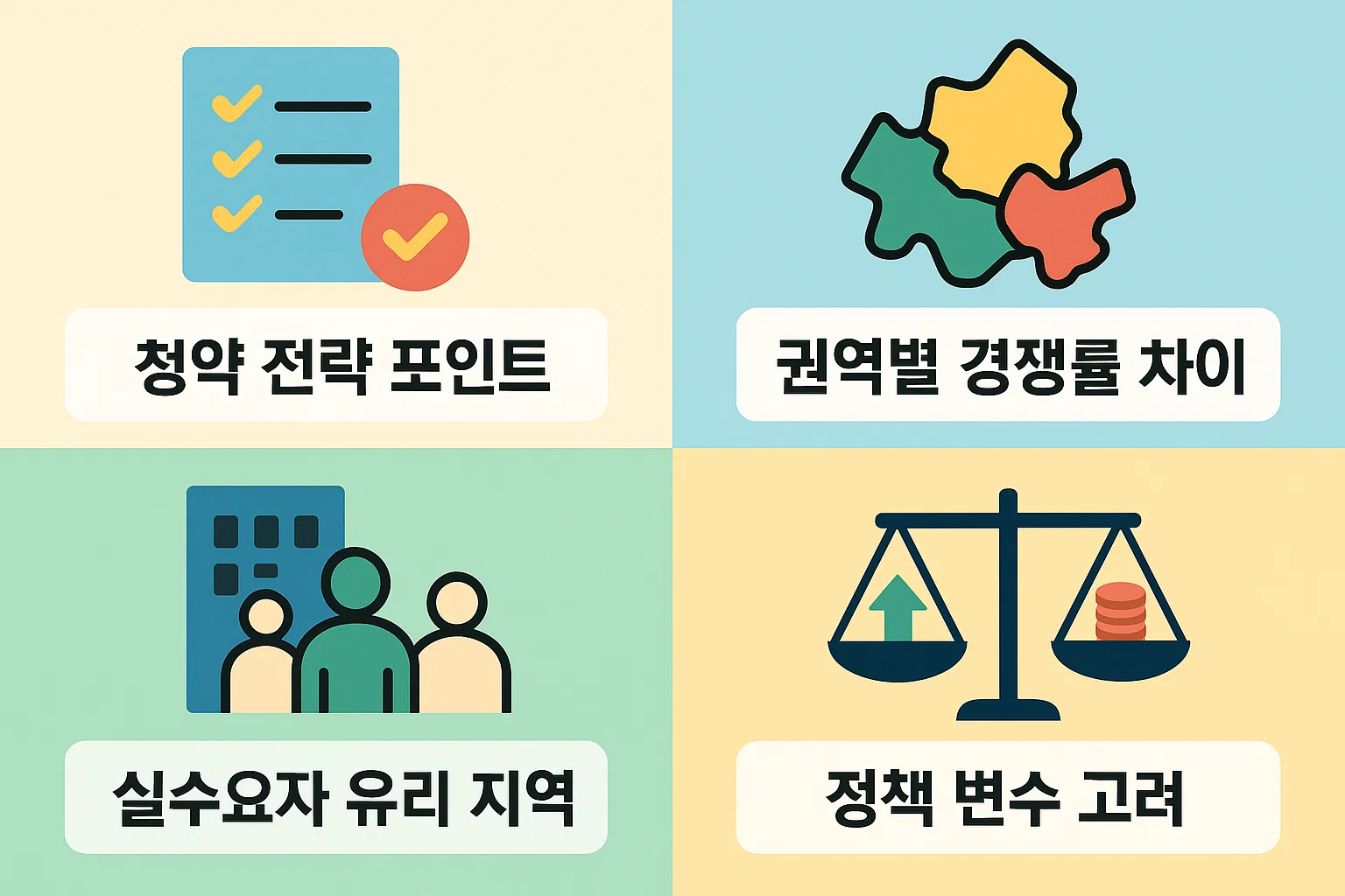 청약 전략 포인트, 권역별 경쟁률 차이, 실수요자 유리 지역, 정책 변수 고려 등 2025년 청약 성공 전략을 시각화한 인포그래픽.