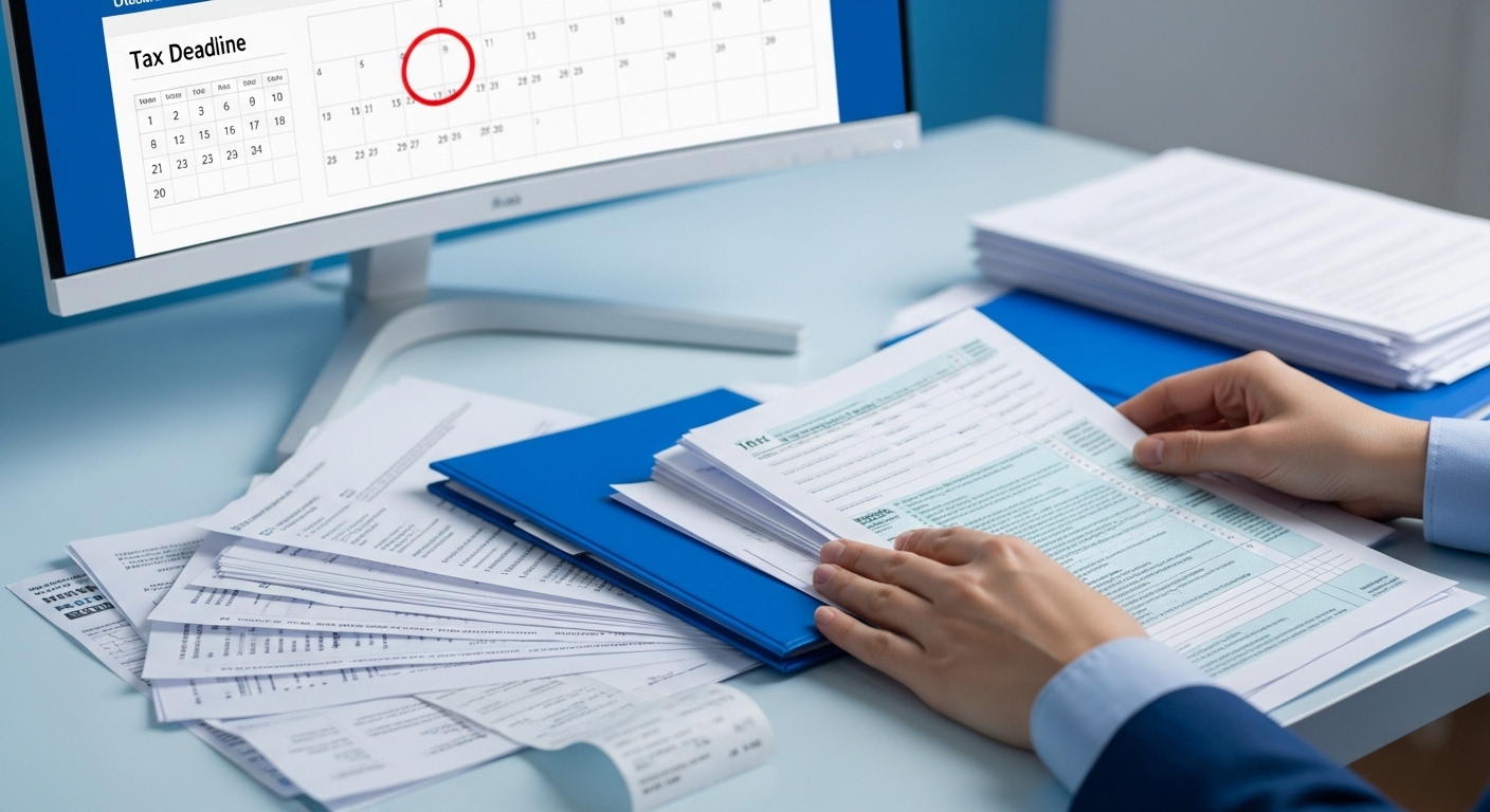 의료비 영수증과 세금 서류들을 정리하는 손의 모습. 연말정산 준비의 중요성을 시각적으로 표현합니다.