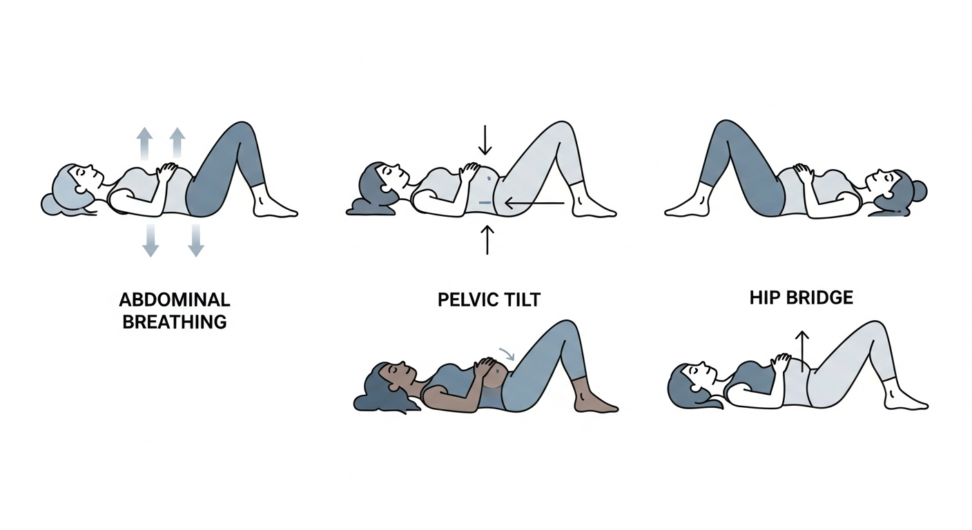 출산 후 복식 호흡, 펠빅 틸트, 힙 브릿지 등 초보 엄마를 위한 핵심 코어 운동 3가지 자세를 보여주는 간결한 일러스트.