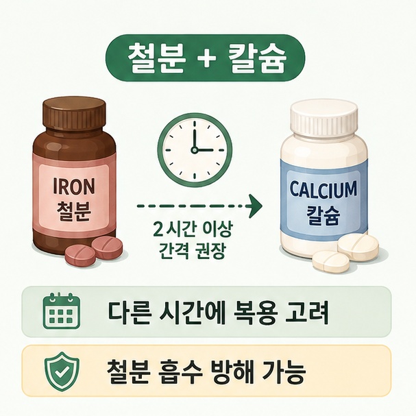 철분과 칼슘은 흡수에 영향을 줄 수 있어 다른 시간에 복용을 고려해야 함을 설명한 이미지