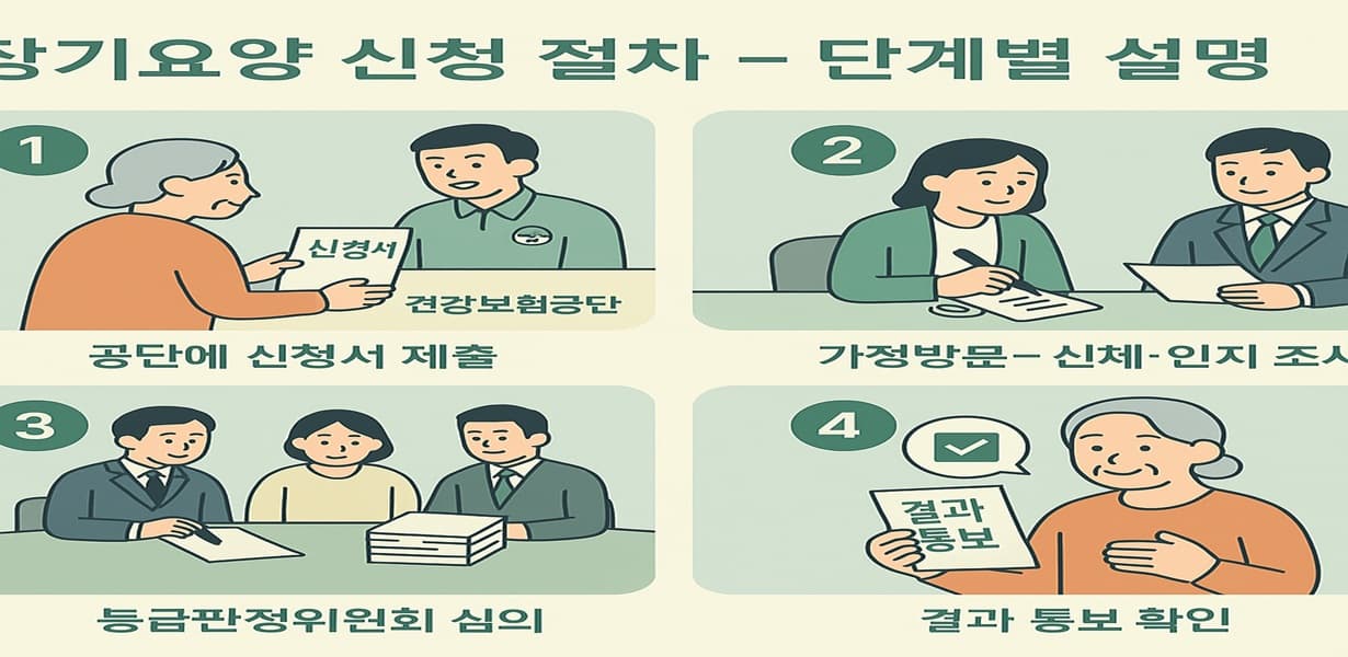 장기요양보험 신청 절차를 1단계부터 4단계까지 시각적으로 보여주는 장면 – 신청서 제출, 방문조사, 심의, 결과 통보