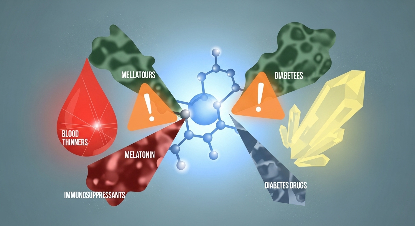 멜라토닌이 혈액 희석제, 면역 억제제 등 다른 약물과 상호작용할 수 있음을 경고하는 추상적인 이미지.