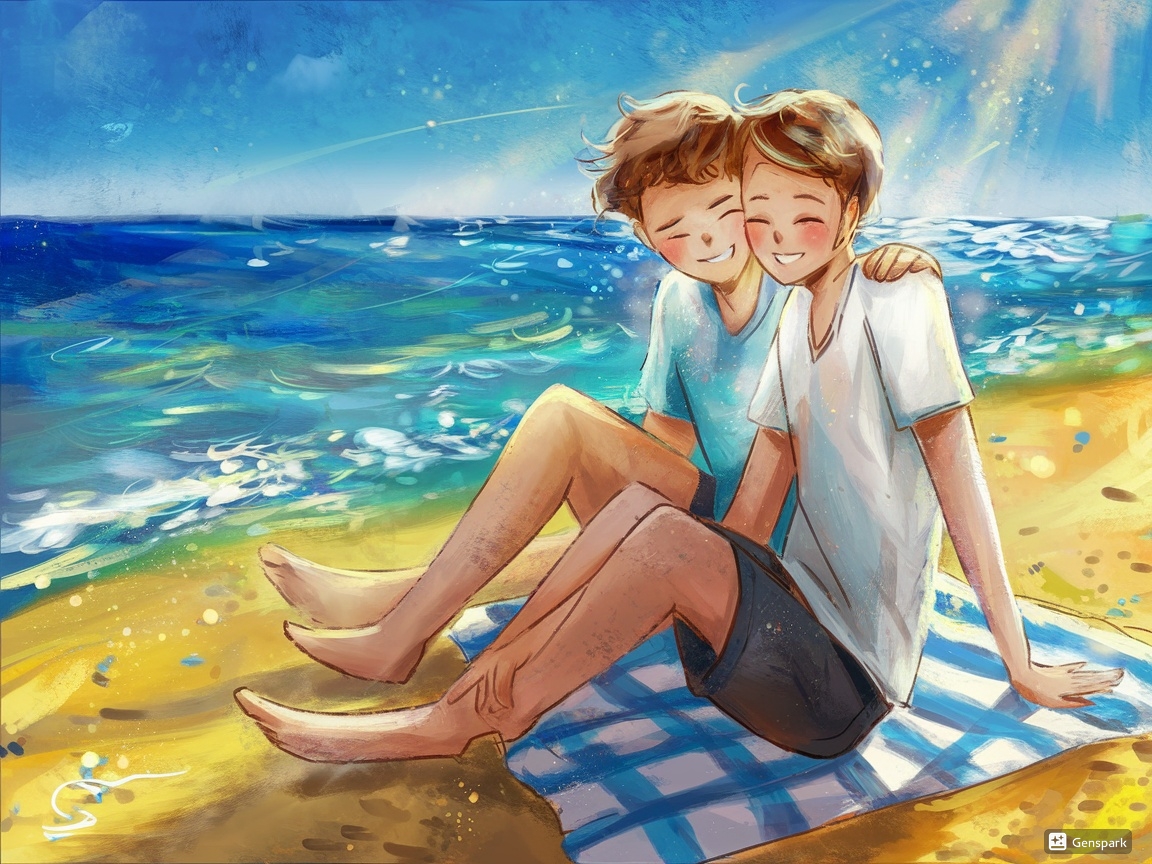 행복하게 웃는 두사람이 해변 모래사장에 앉아있는 이미지