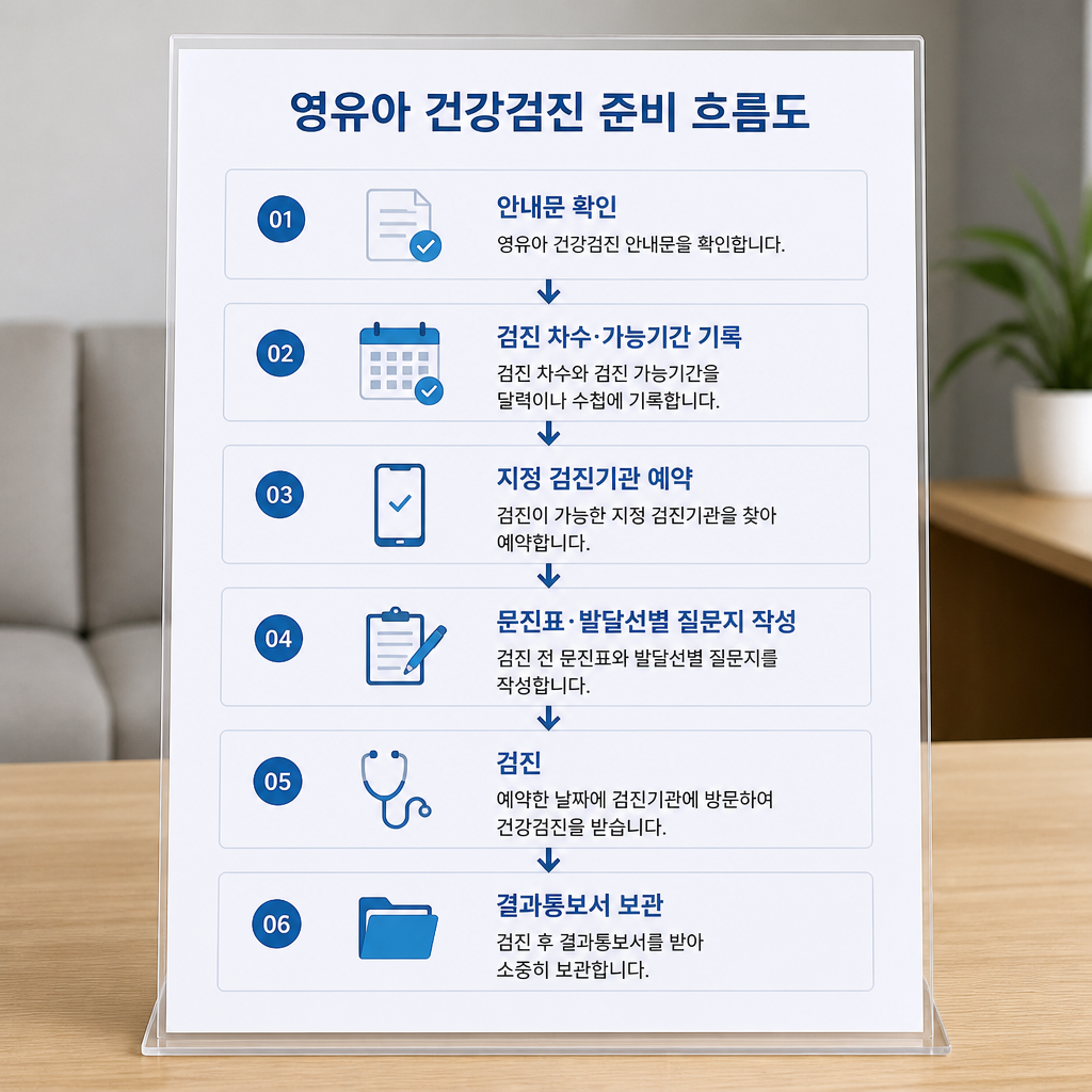 영유아 건강검진 안내문 확인부터 결과통보서 보관까지의 준비 흐름도