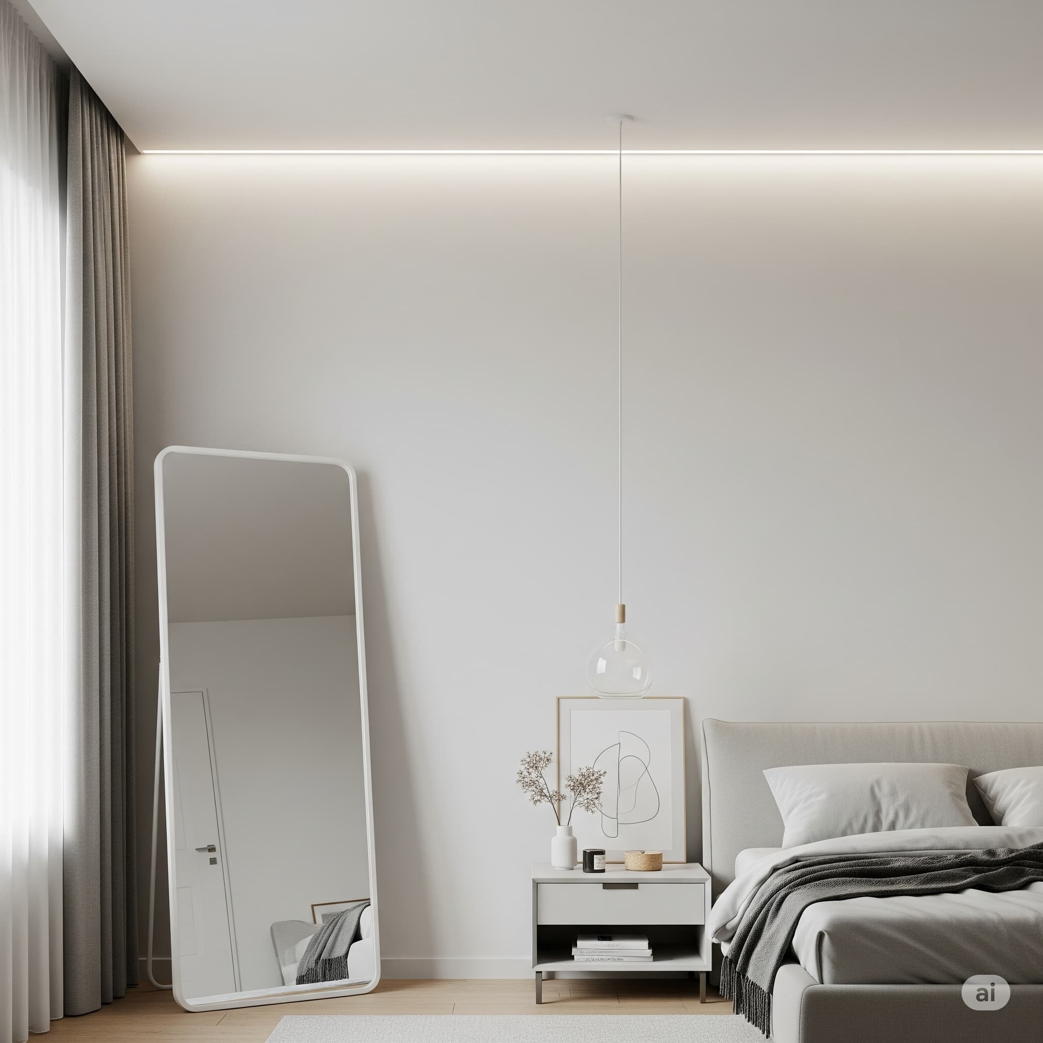 화이트 벽과 전신거울, 라인 조명을 활용해 확장감을 준 미니멀 인테리어 침실