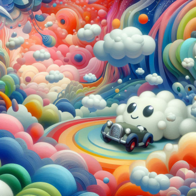 구름을 타고 떠가는 자동차와 함께 다양한 색상의 풍경이 펼쳐진 장면입니다.