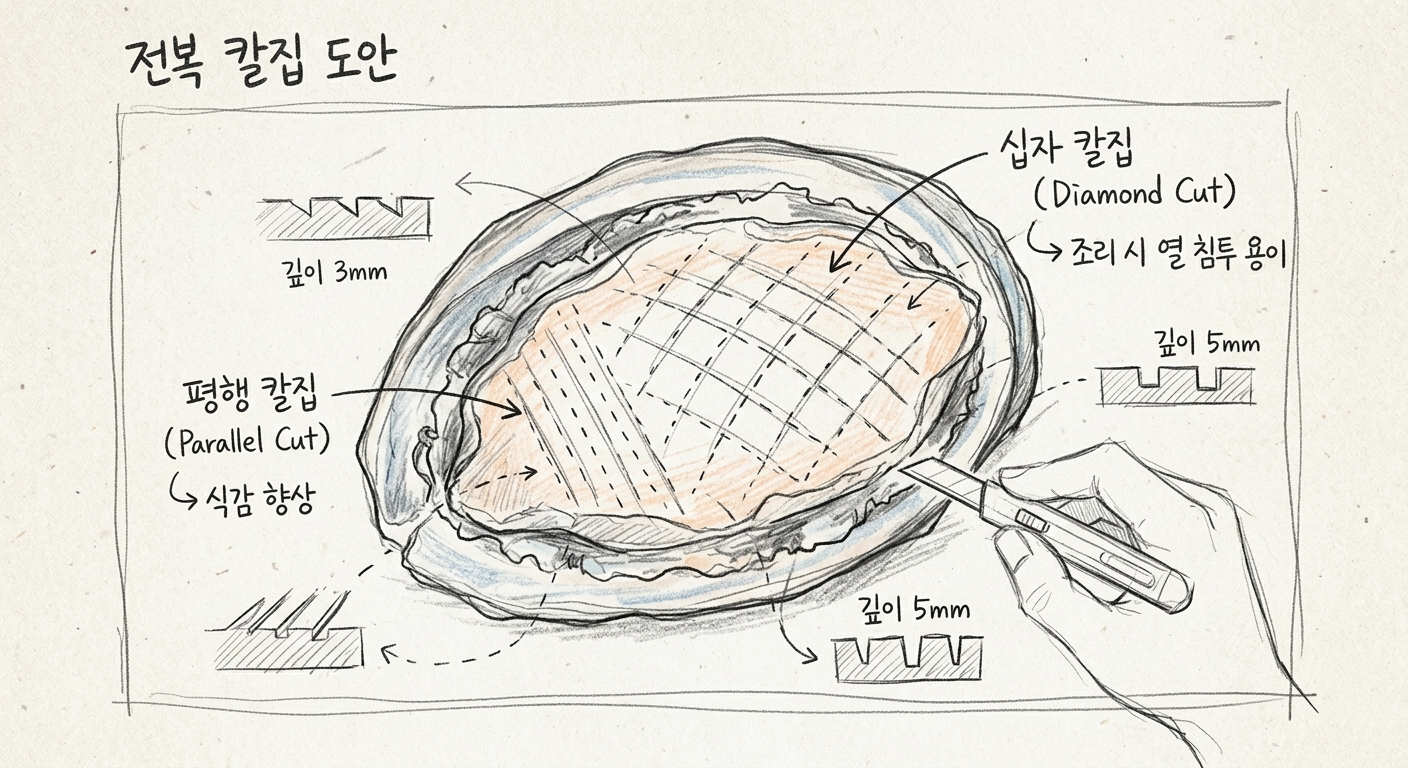 전복 스테이크 조리를 위한 상세 칼집 도안 일러스트. 식감을 높이는 평행 칼집과 열 침투를 돕는 십자 칼집의 깊이 및 각도를 설명하는 러프한 스케치와 한글 메모가 포함된 요리 설계도