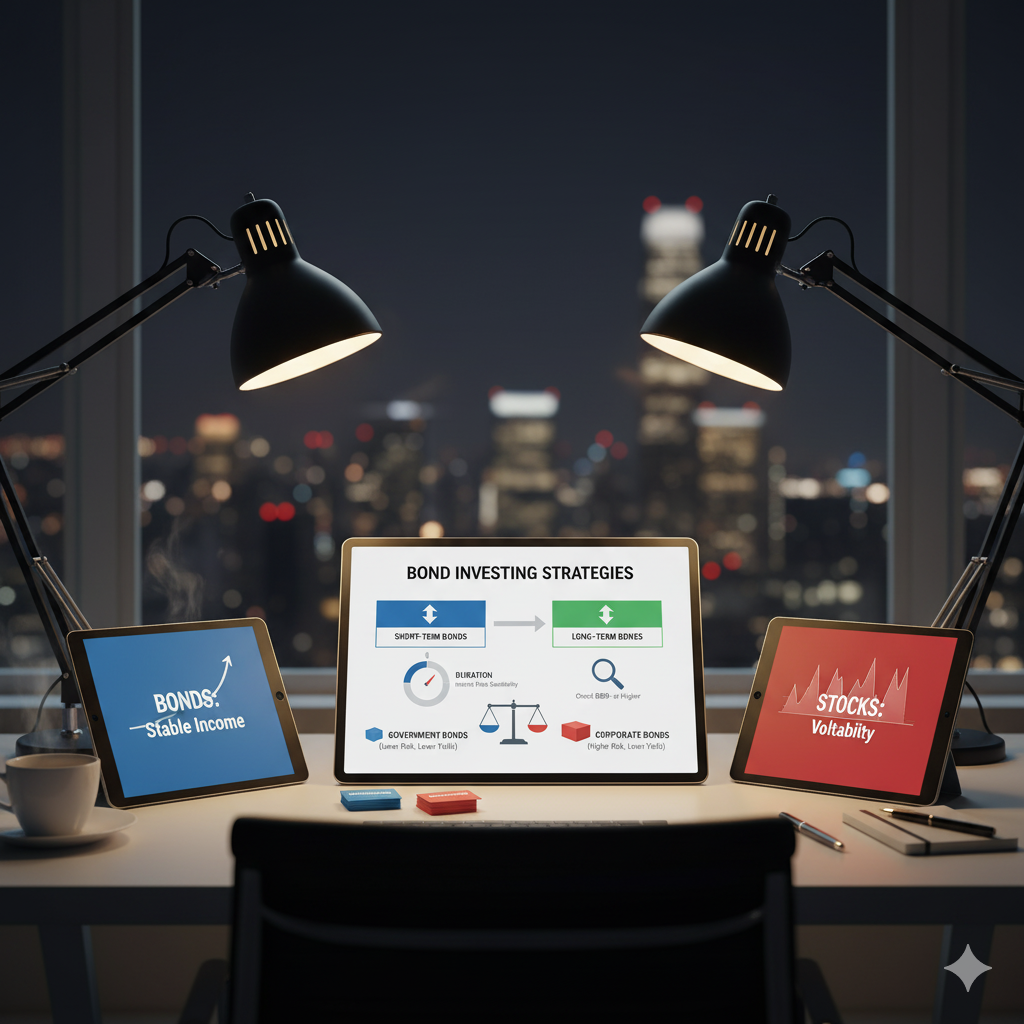 채권 투자 전략 요약. 금리 인상기에는 단기채, 금리 인하기에는 장기채 투자. 국채와 회사채 리스크 비교 및 듀레이션 개념.
