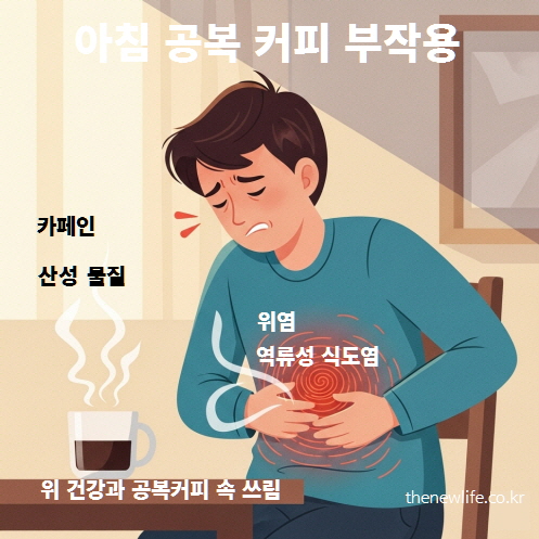 아침 공복에 커피를 마신 뒤 속쓰림과 위 통증을 호소하는 남성을 묘사한 인공 이미지, 위염과 역류성 식도염 위험을 상징적으로 표현
