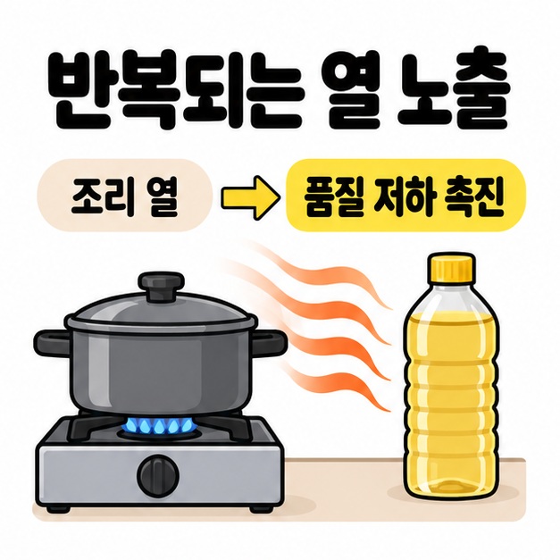 냄비가 놓인 가스레인지에서 식용유 병 쪽으로 열 곡선이 향하고 조리 열이 품질 저하를 촉진함을 설명한 그림