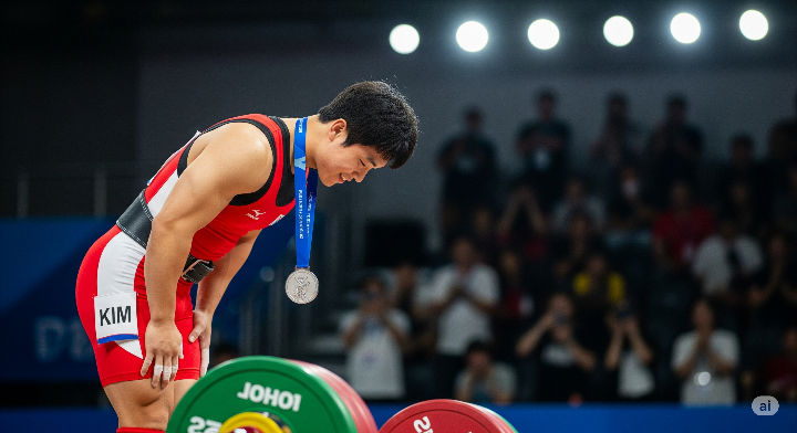 역도 선수가 경기를 마치고 관중에게 인사하는 모습