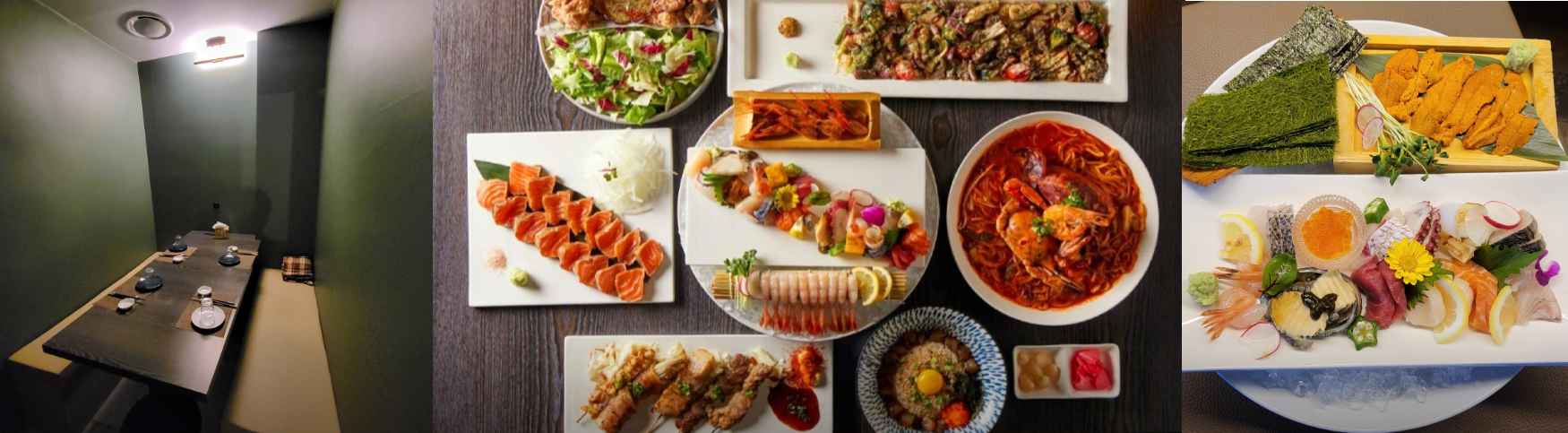 토모 이자카야의 내부 사진과 음식 사진.
