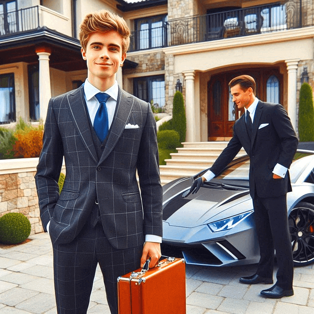 갈색머리에 정장을 입은 젊은 백인 남자 부자가 갈색가방을 들고 서있다. 중년의 백인 부자도 남색 정장을 입고 고급차 옆에 서있다. 뒤에는 저택이 있다.