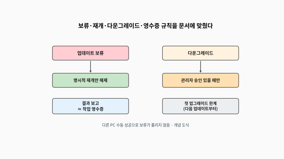 업데이트 보류는 명시적 재개로만 풀리고, 다운그레이드는 관리자 승인이 있을 때만 받으며, 결과 보고는 작업 영수증과 짝을 맞추고 첫 업그레이드 한계를 문서에 남긴 규칙을 보여 주는 개념 도식