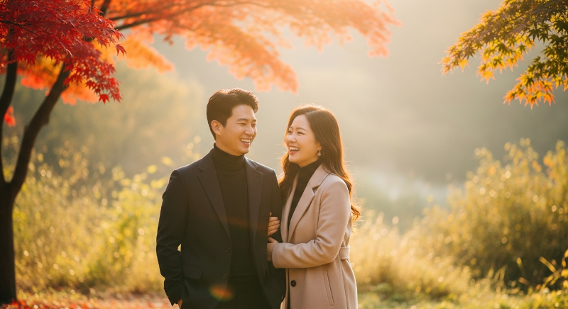 2025년 가을, 아름다운 단풍이 펼쳐진 서울 근교 비밀 명소에서 다정한 포즈를 취하며 웃고 있는 커플의 인생 스냅사진.