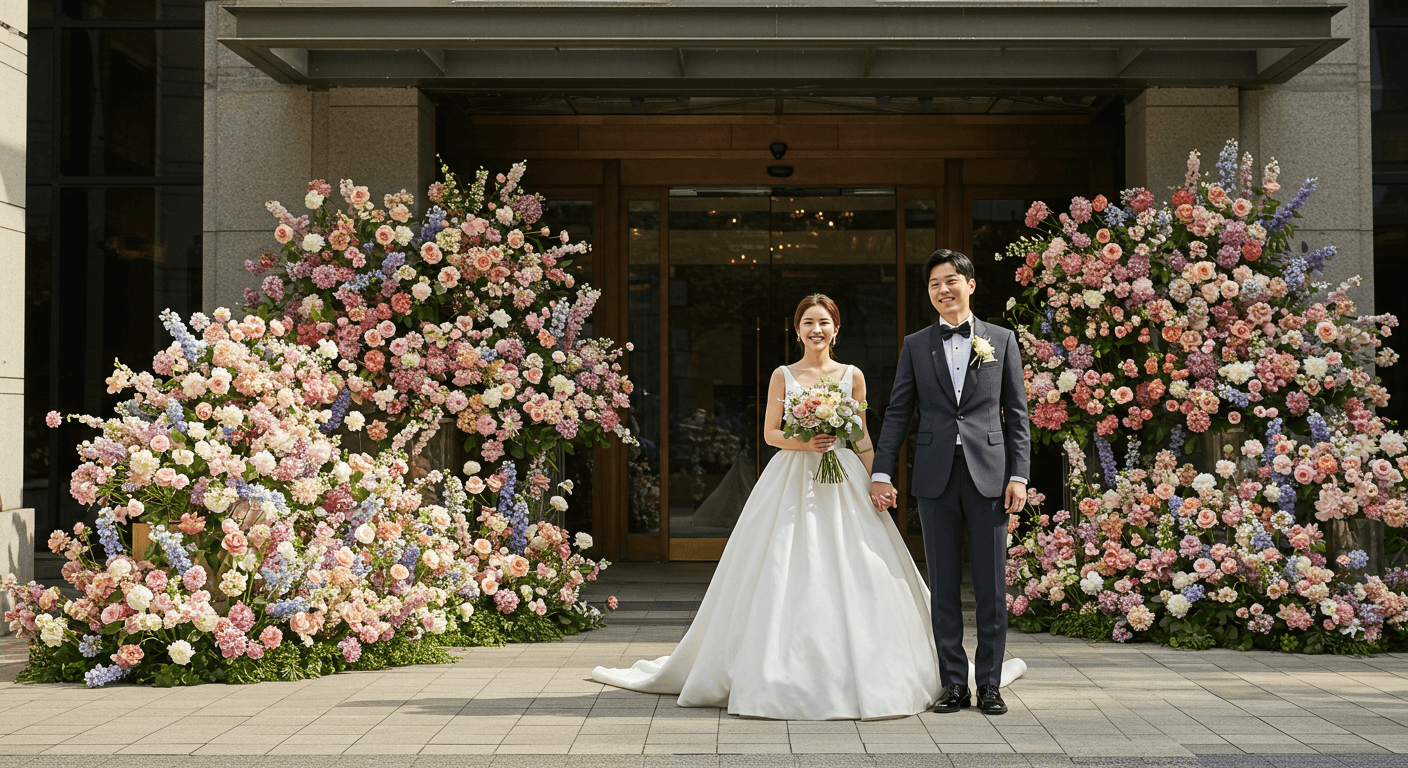 호텔 웨딩홀 앞에서 환하게 웃는 한국 신랑신부 모습 3
