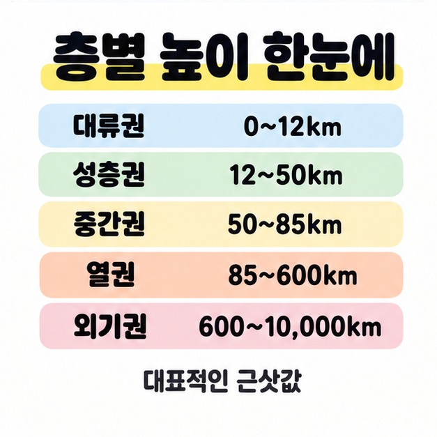 대류권 0~12km부터 외기권 600~10,000km까지 다섯 층의 대표적인 고도 근삿값을 정리한 표