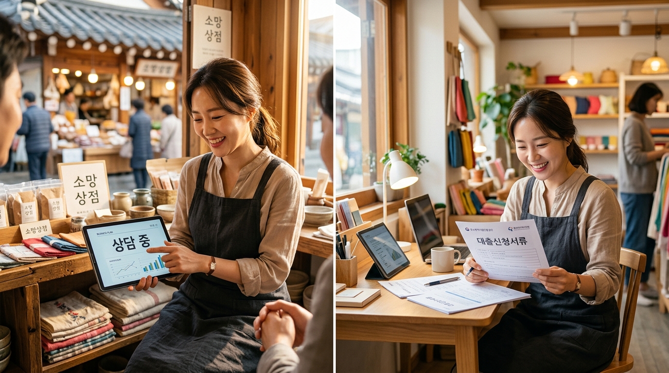 한국의 상점 안에서 희망찬 표정으로 대출 서류를 확인 중인 소상공인 여성 사장님