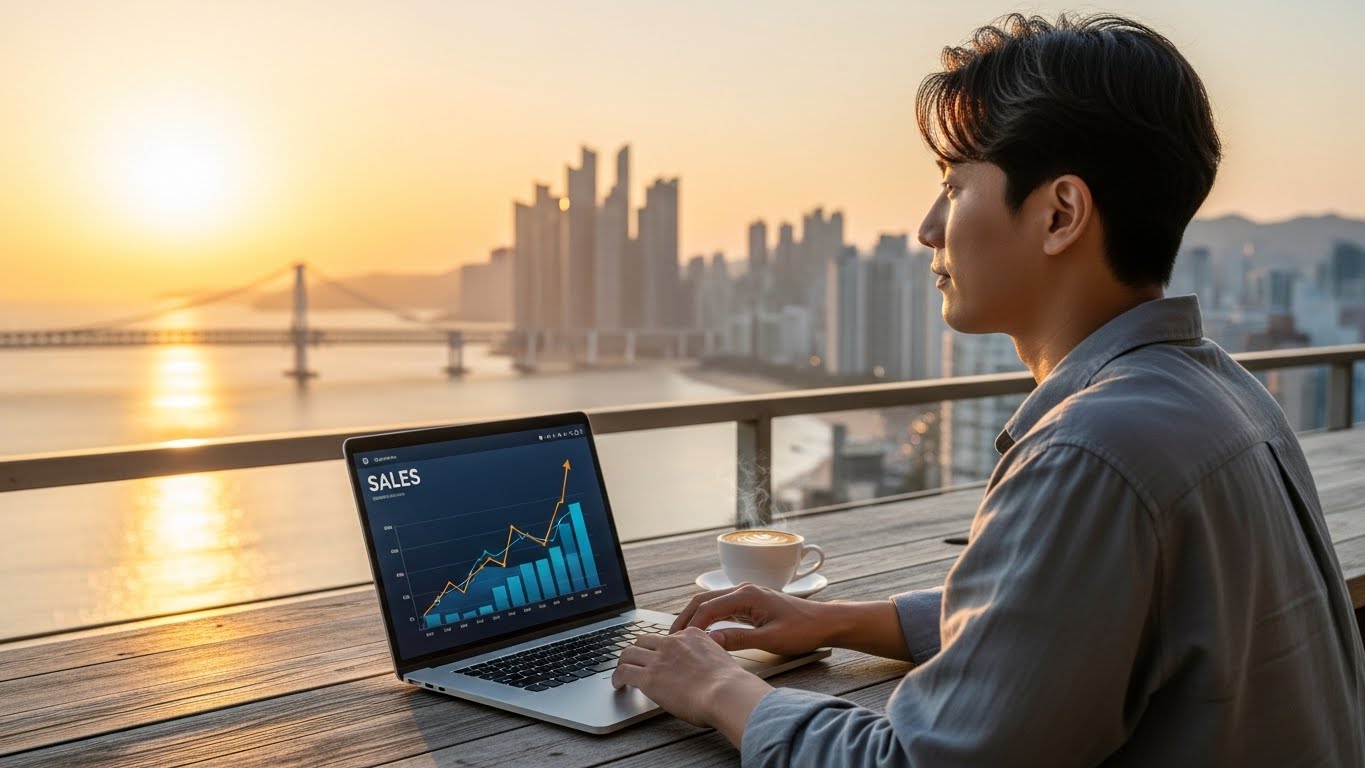 아름다운 풍경을 배경으로 노트북 하나로 업무를 처리하며 수익 그래프를 확인하는 여유로운 한국 디지털 노마드