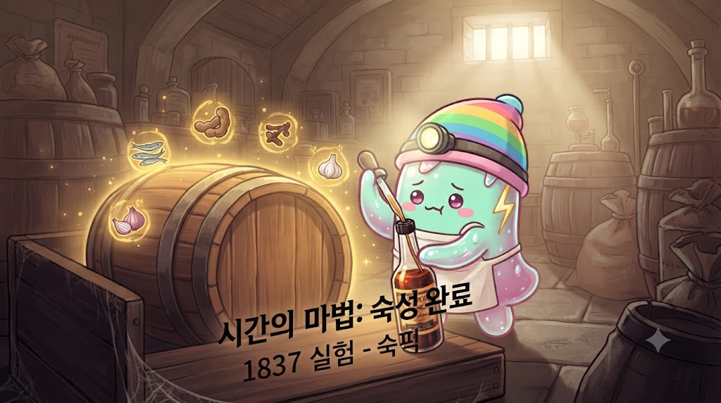 다시 찾은 창고, 먼지를 털어낸 병 속의 액체가 짙은 갈색으로 변해 깊고 풍부한 향을 뿜어내고 있습니다. 쫀쿠가 병뚜껑을 살짝 열고 황홀한 표정으로 그 향을 맡고 있으며, 병 주위로는 앤초비, 타마린드, 식초 아이콘이 회오리치며 융합되는 모습이 신비롭게 빛납니다.