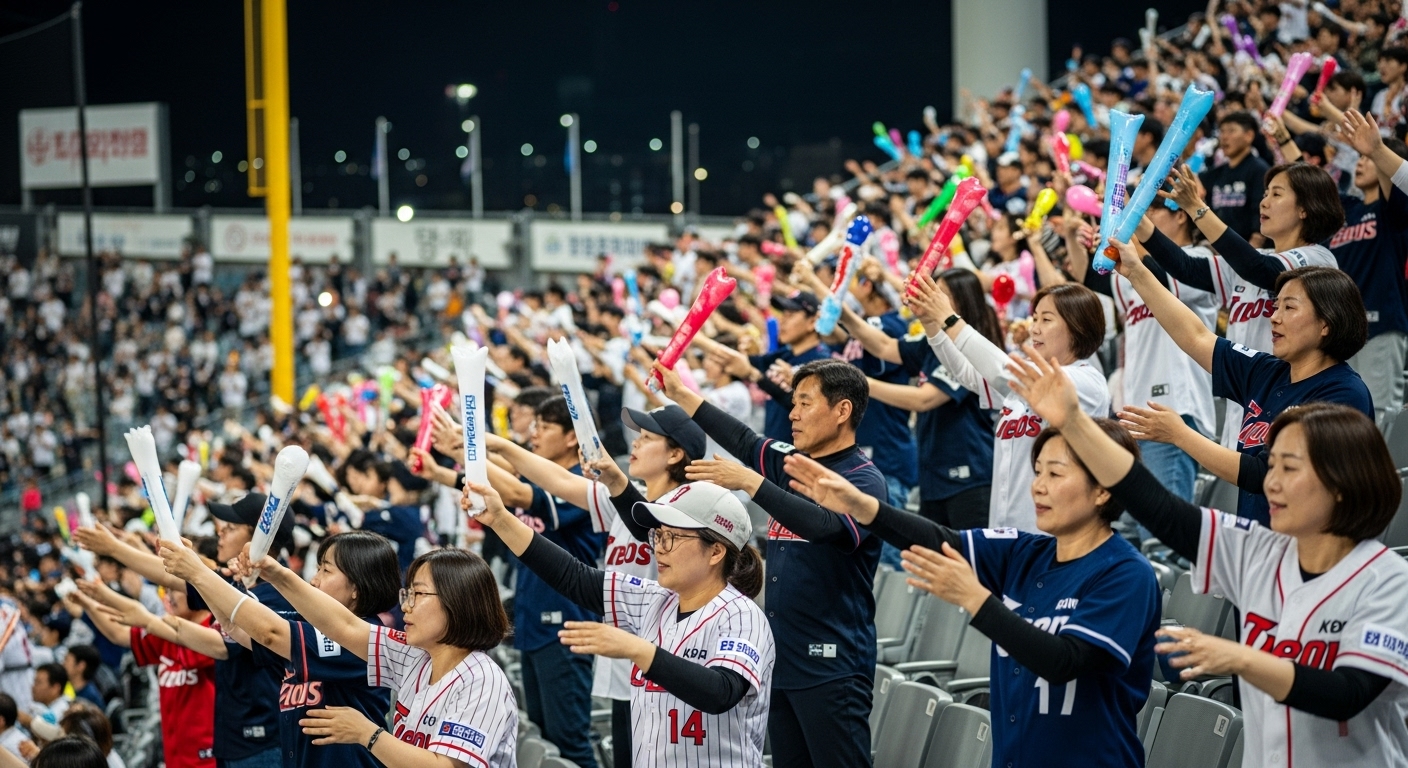 야구 경기장에서 여러 명의 팬들이 함께 파도타기 응원을 하며 즐거워하는 모습.