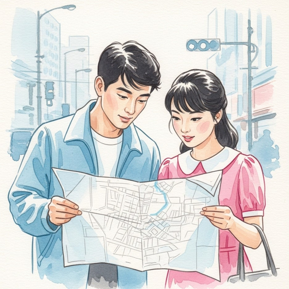 도시의 거리에서 함께 지도를 보며 즐거워하는 커플