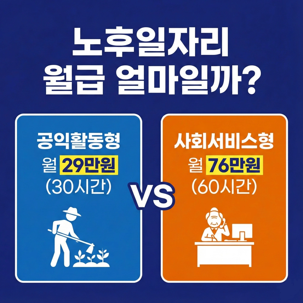 공익활동형(29만원)과 사회서비스형(76만원) 노후일자리 월급을 비교하는 블로그 썸네일 이미지