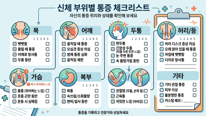 통증 부위를 체크하는 체크리스트
