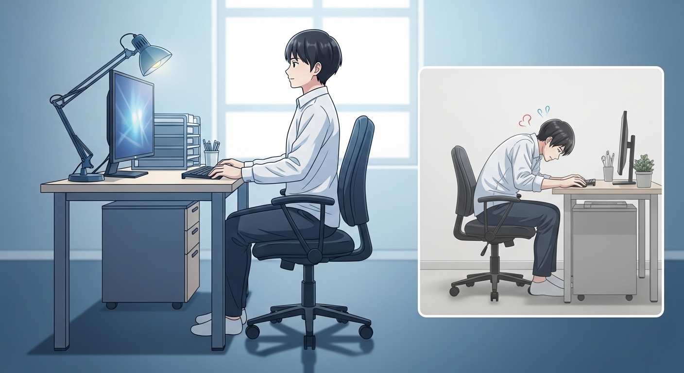 바른 자세로 책상에 앉아있는 모습과 구부정한 자세를 대조하여 보여주는 일러스트.
