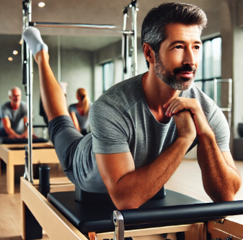 중년 남성의 필라테스 운동 장면