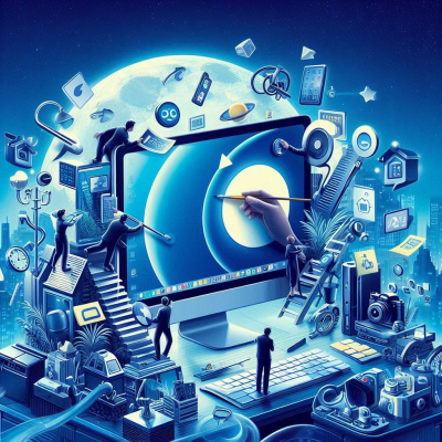 사람들이 협력하여 컴퓨터 화면의 검색 기능을 확대하는 모습을 나타낸 그림입니다.