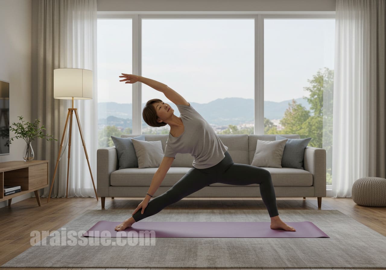 50대 한국 여성이 현대적인 거실에서 호르몬 균형을 맞추기 위한 요가 스트레칭을 하고 있는 모습. 조용하고 평화로운 분위기의 실내에서 운동하고 있습니다.