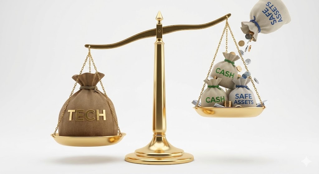 저울의 한쪽에는 폭등한 빅테크 주식이, 반대쪽에는 안전자산과 현금이 놓여 수평을 맞추는 리밸런싱 시각화 이미지